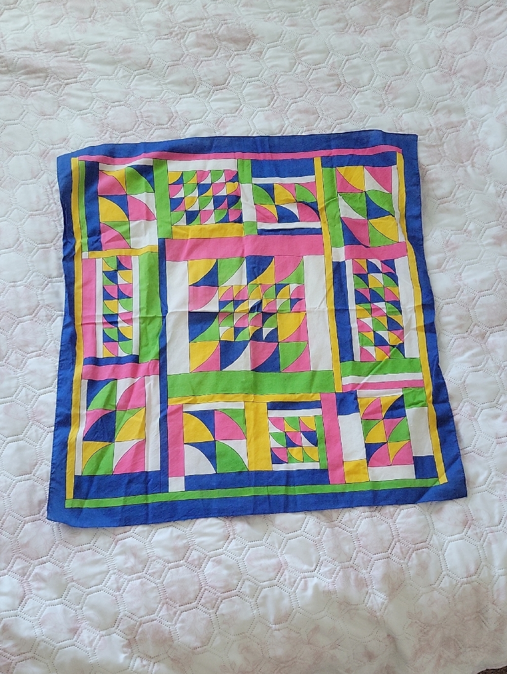 Vintage Multicolor Geometric Silk Scarf - Blue, Pink, Yellow, Green